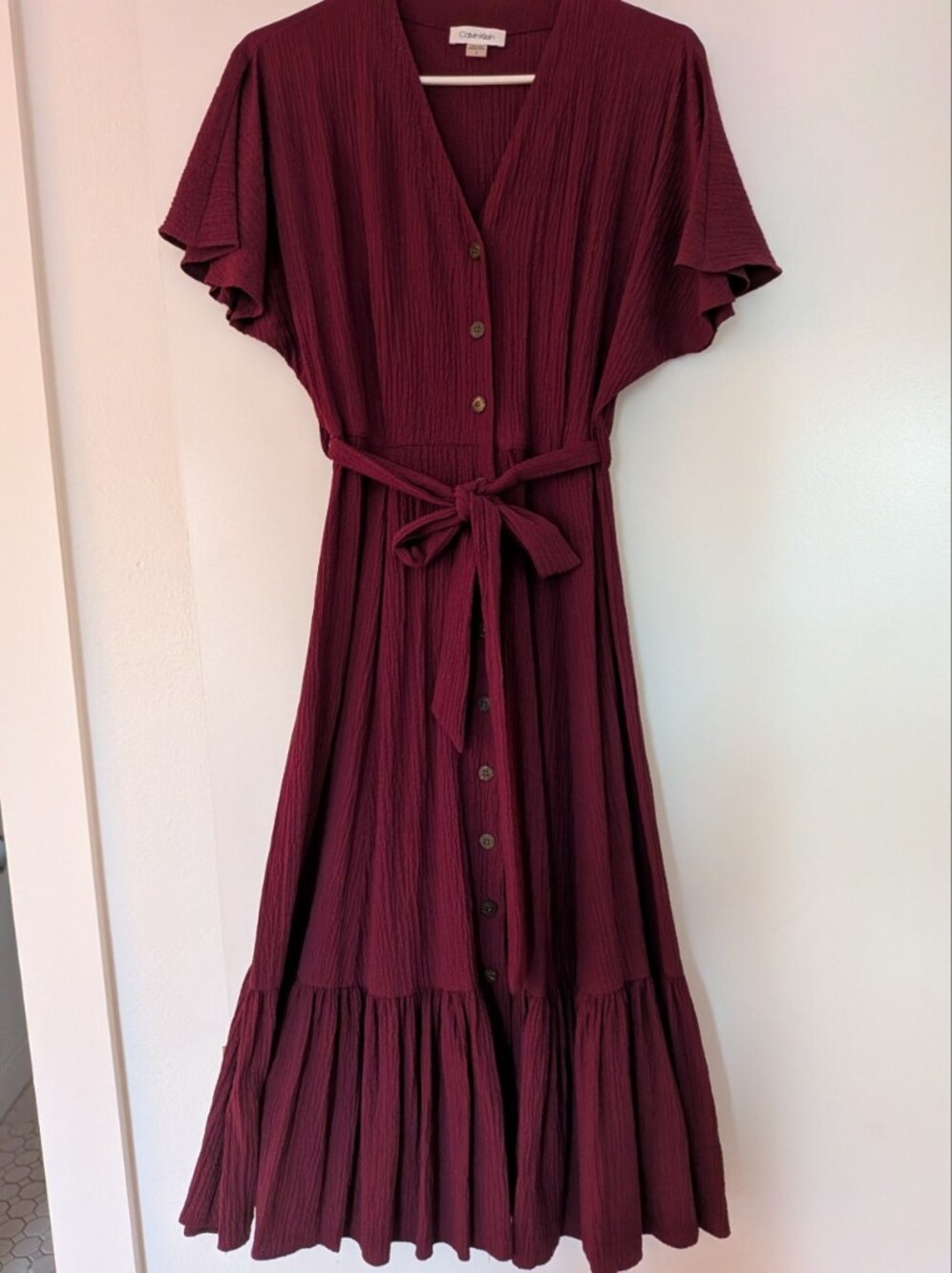 Calvin Klein Burgundy Button-Front Tie-Waist Midi Dress,size like small